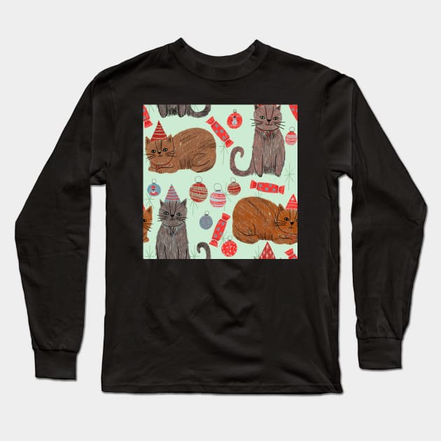 Mid-century Christmas cats Long Sleeve T-Shirt by Kimmygowland